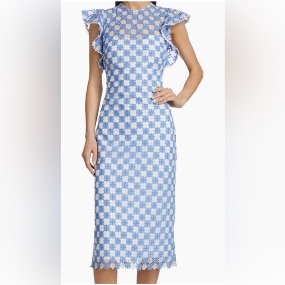 Shoshanna Rachel Embroidered Ruffle Midi Dress in Sky Blue